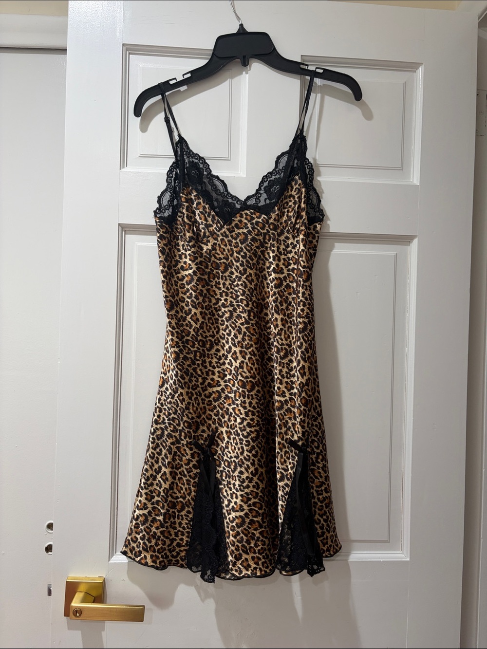 Leopard Satin Slip Dress with Black Lace Trim
